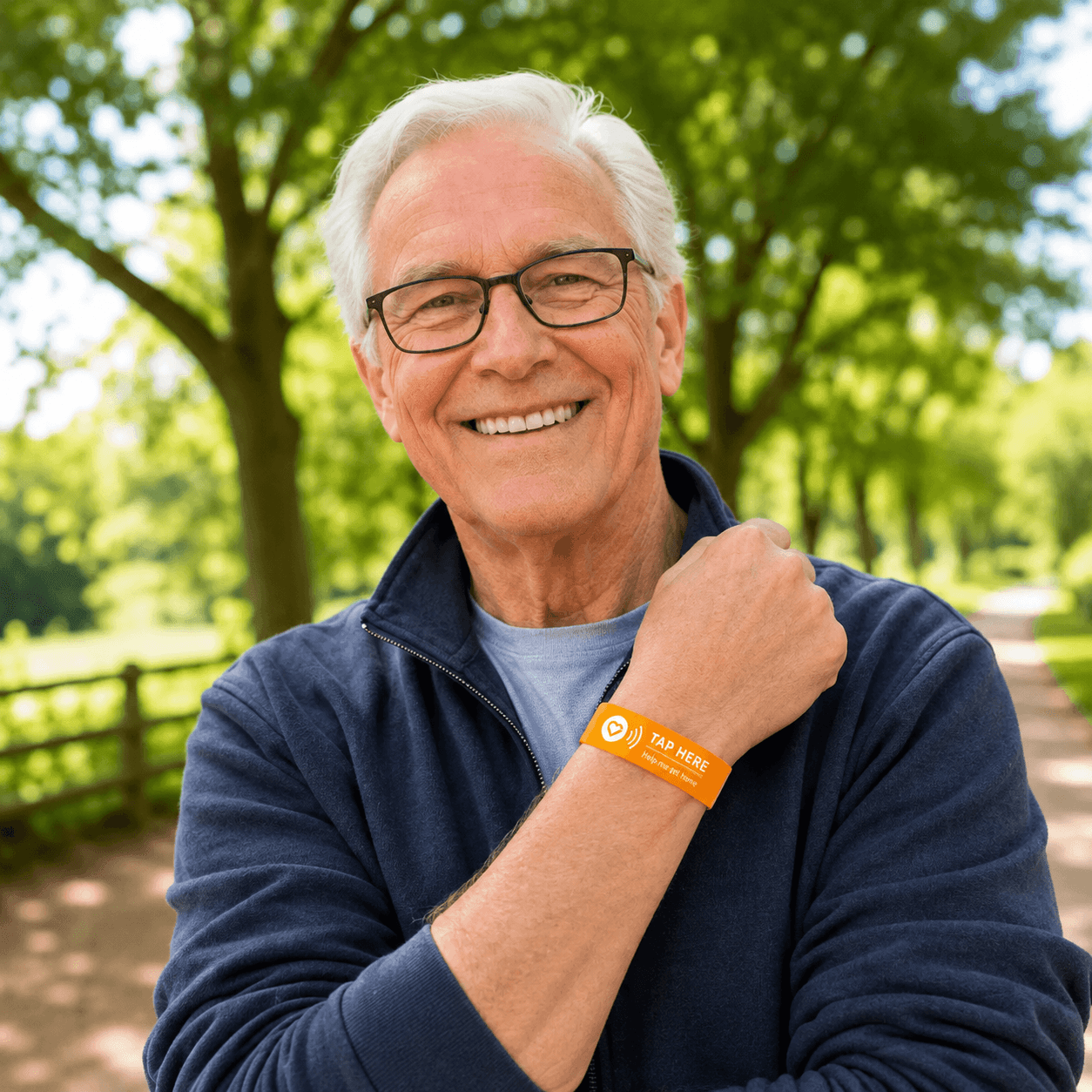 Older adult wearing an orange CareTags wristband